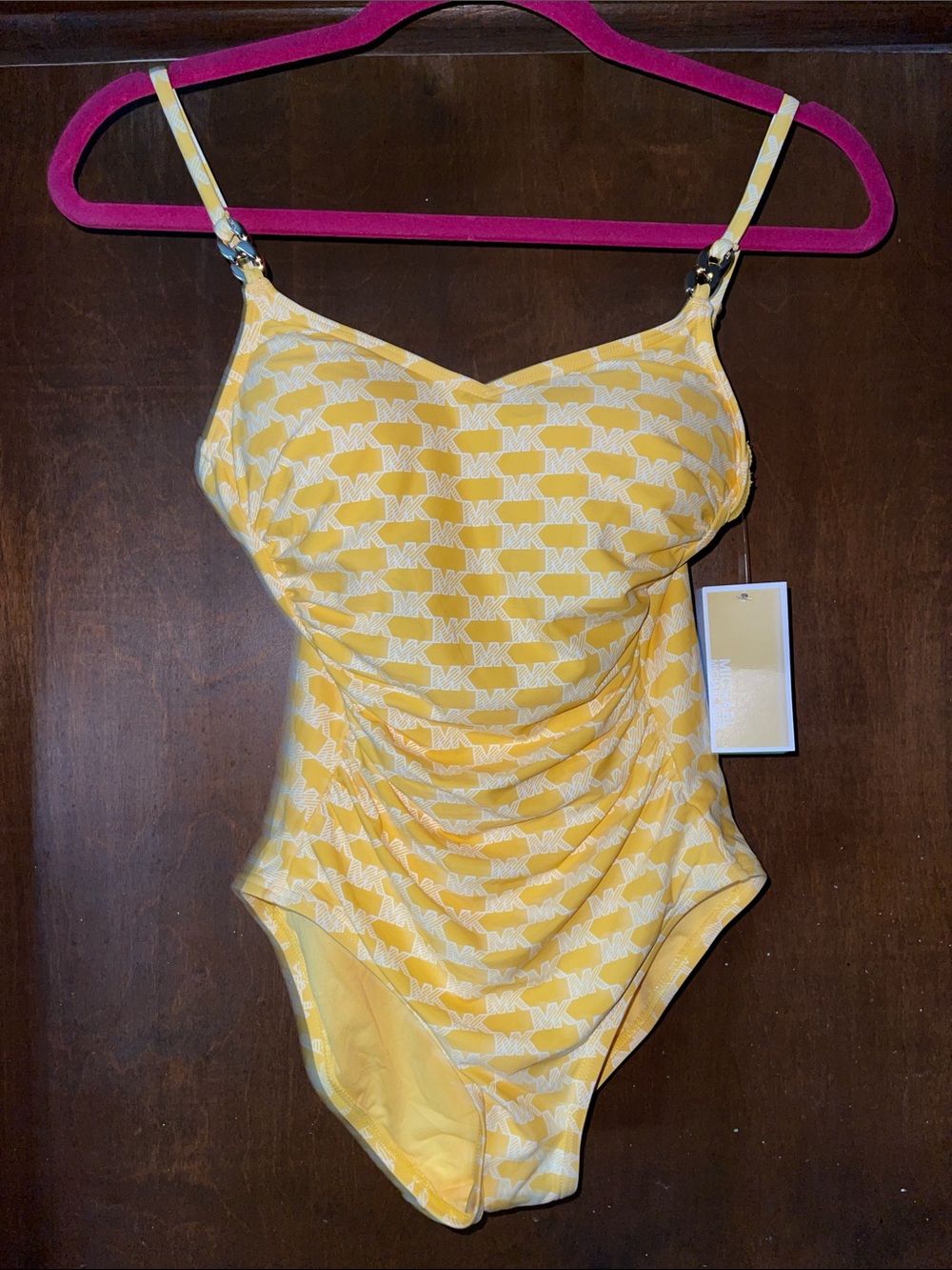Michael Kors Yellow Logo-Print One-Piece Swimsuit with White MK Pattern